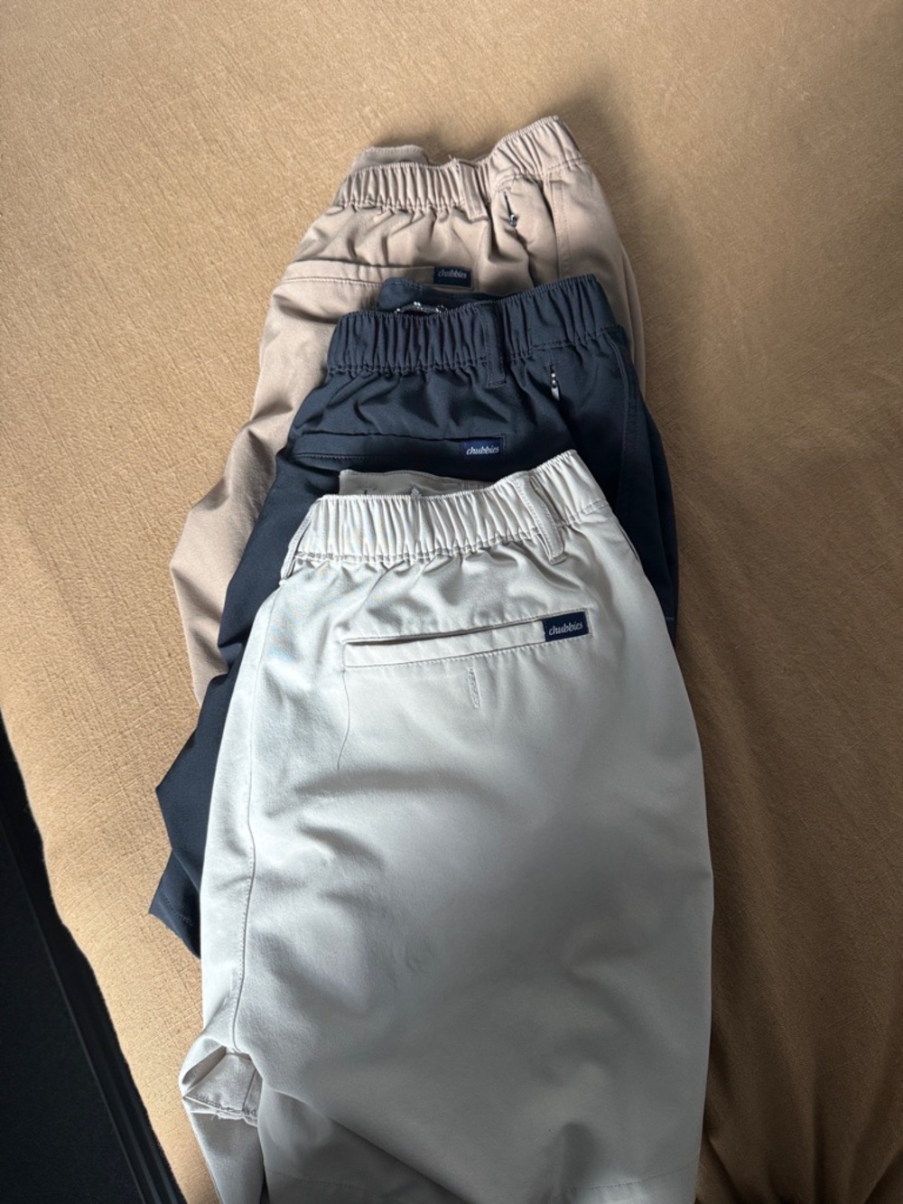 Chubbies 5 inch Shorts - Black, khaki, and cream